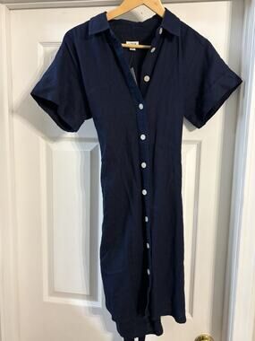 NWT J.Crew Linen Blend Shirt Dress Women XS Navy Button Front Midi Dress